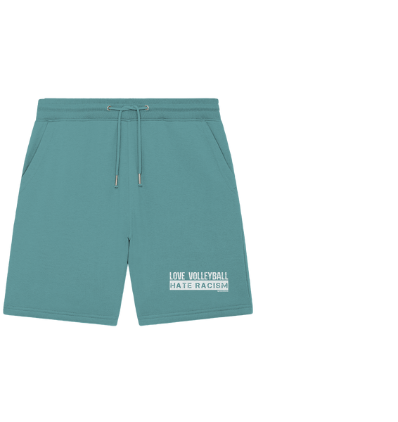 N.O.S.W. BLOCK Gegen Rechts Shorts "LOVE VOLLEYBALL HATE RACISM" Organic Jogger Shorts teal monstera